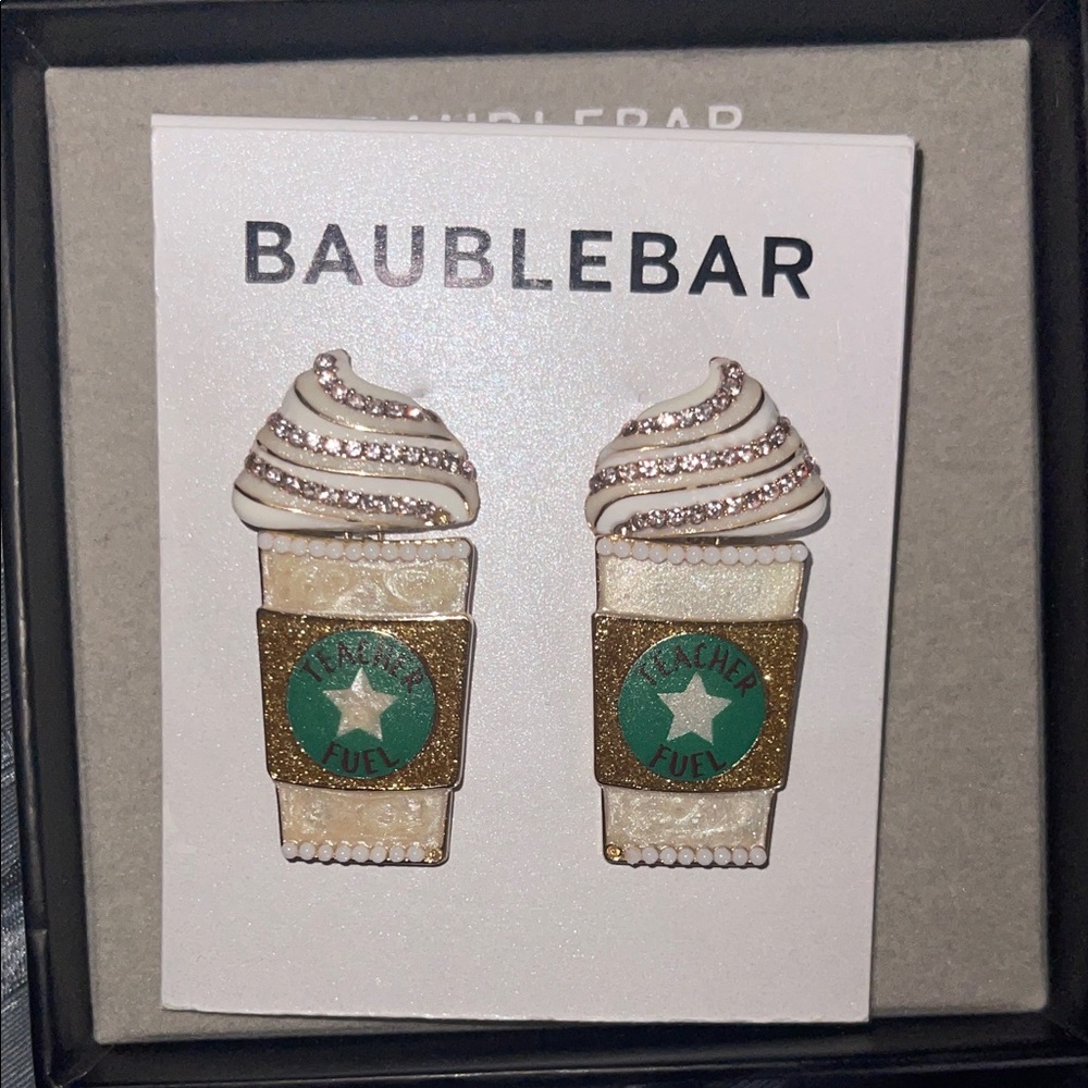 BaubleBar Coffee Cup Earrings with Gold and Green Accents